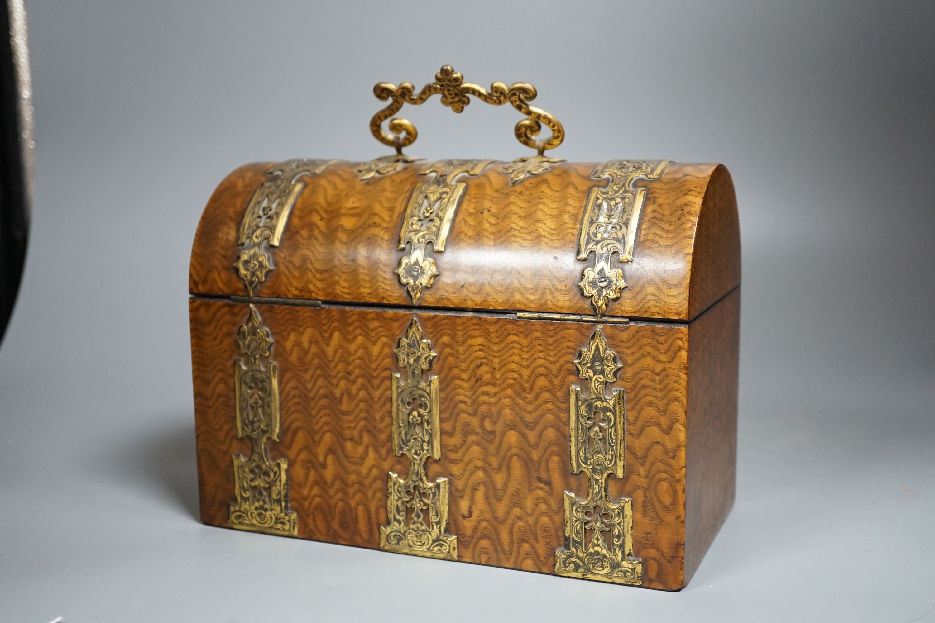 A Victorian Hungarian ash stationery box by Mechi, 114 Regent Street London, domed top with decorative gilt mounts fitted interior with 